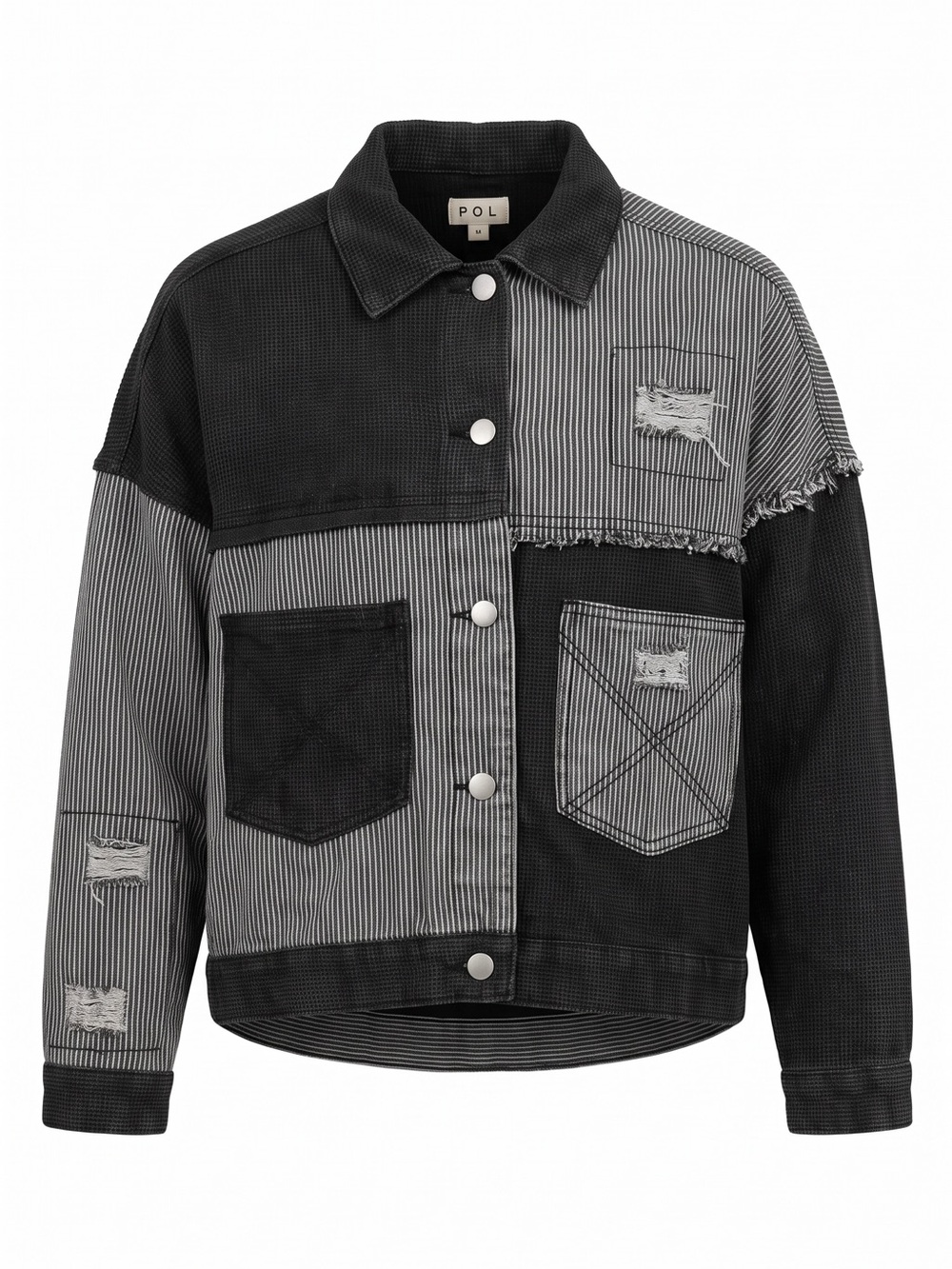 POL Women’s Black & Gray Patchwork Button-Up Jean Jacket - Size Medium